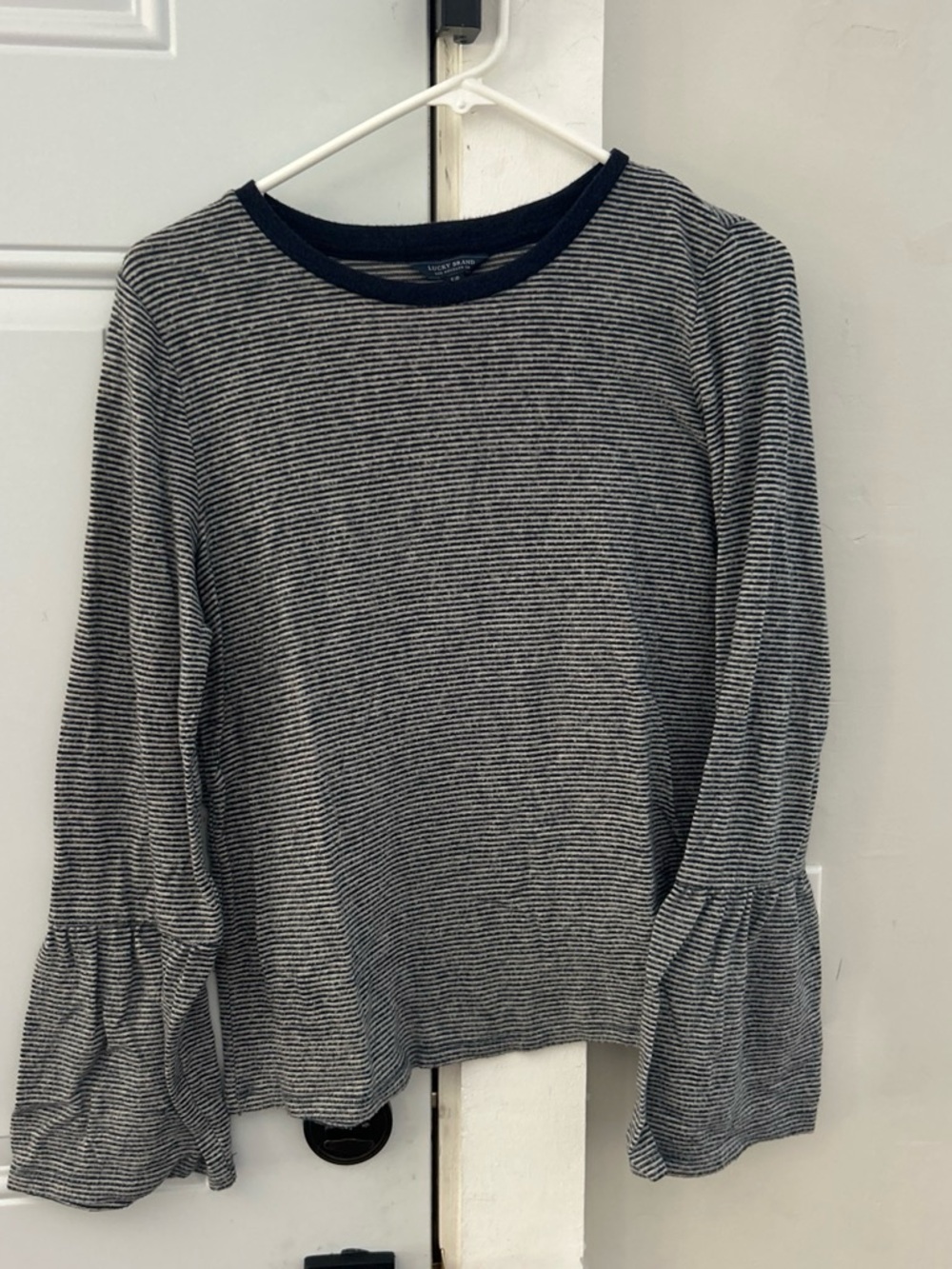 Lucky Brand Black and Gray Striped Bell Sleeve Long Sleeve Tee